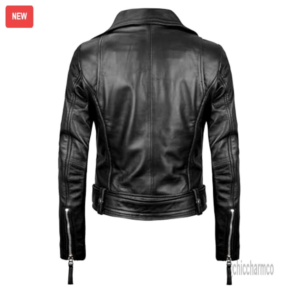 Real Lambskin Leather Jacket for Women, Asymmetrical Style with Adjustable Belt - Picture 4 of 5